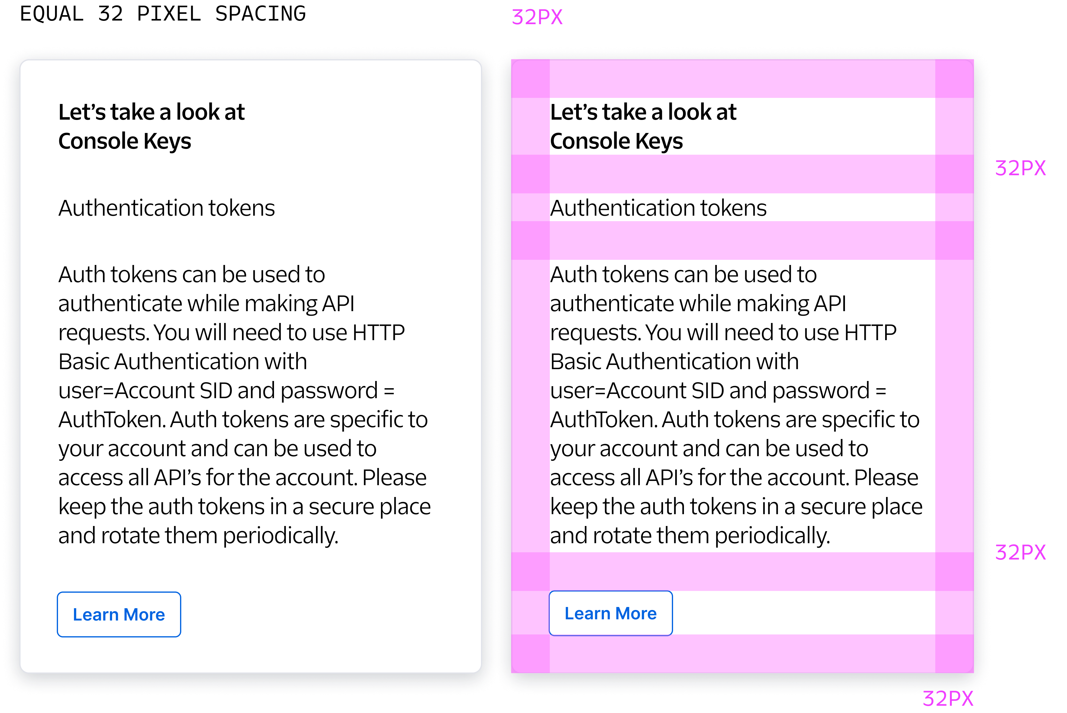 Mock of a card with Heading, Paragraph text, and a Button with 32px spacing everywhere