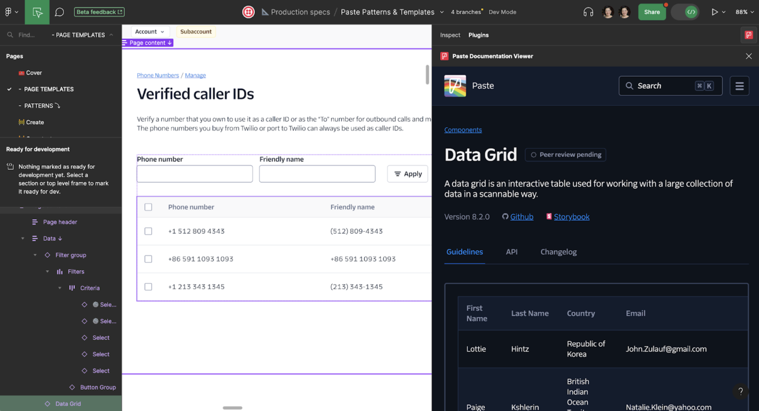 Screenshot of dev mode in Figma