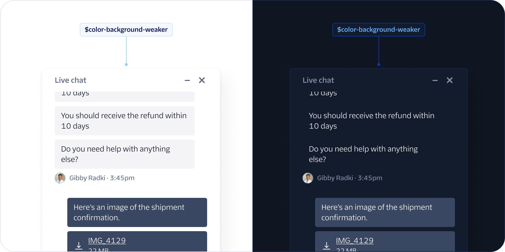 a mock comparing the 'color background weaker token' in light and dark mode used as background color for minimizable dialog