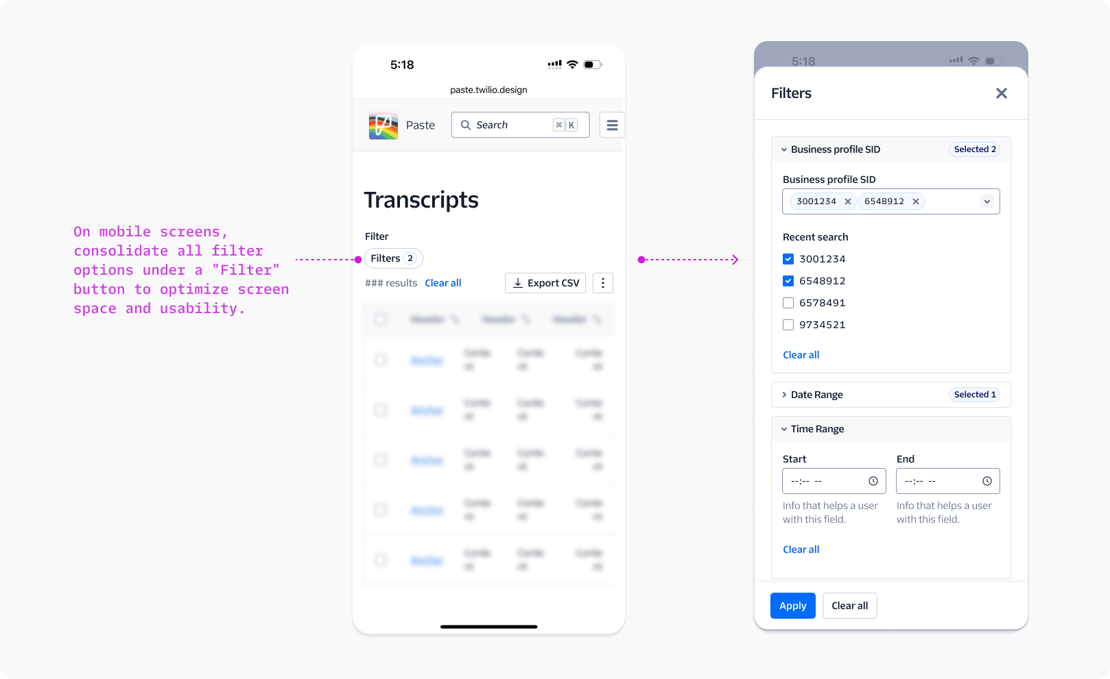 On smaller screens, filter modal will take full width